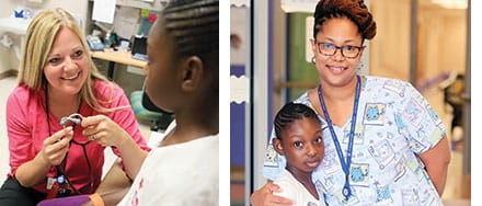 Tianna Taylor visits with nurses Melissa McCray (left) and Felicia Pleasant at the school-based health center.